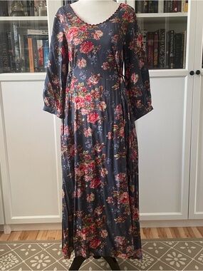 April Cornell Navy Maxi Dress with Pink Rose Floral Print